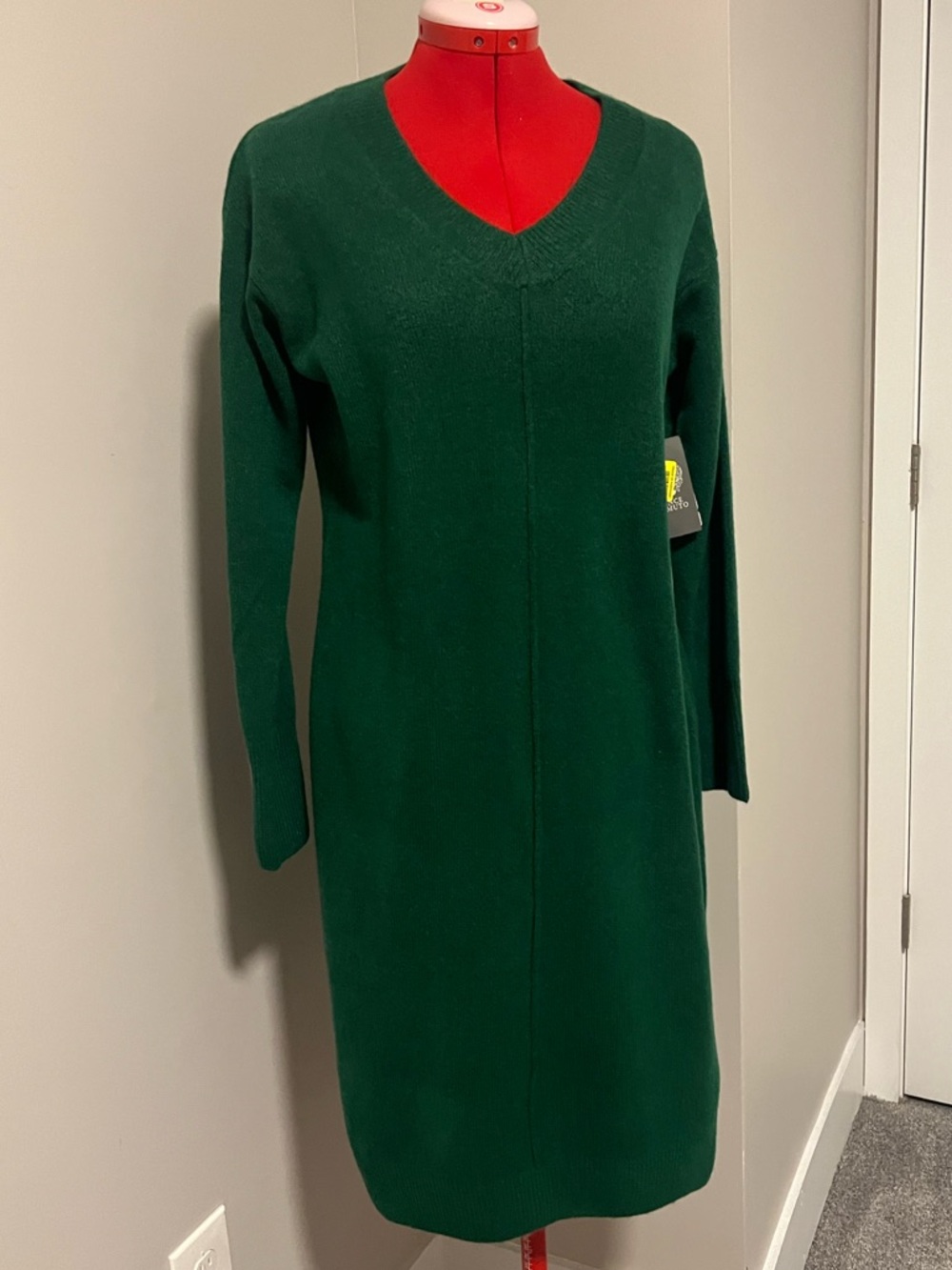 Vince Camuto Forest Green V-Neck Long Sleeve Knit Dress
